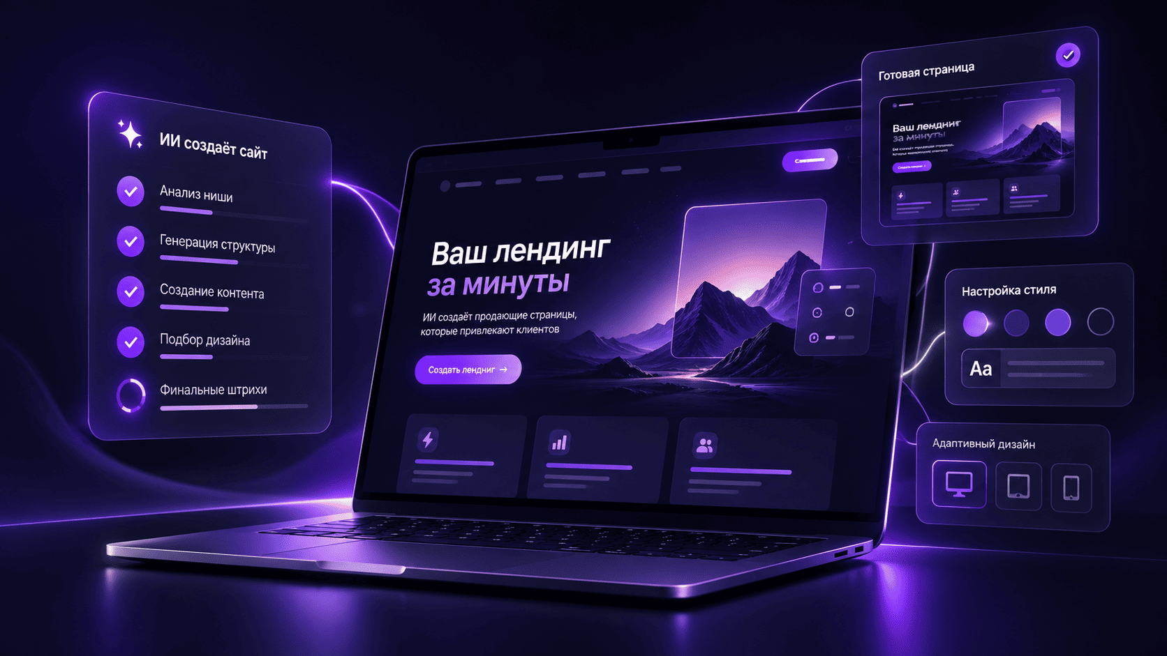 Концепт ИИ-сервиса: ноутбук с макетом лендинга и панелями настройки дизайна и этапов генерации.
